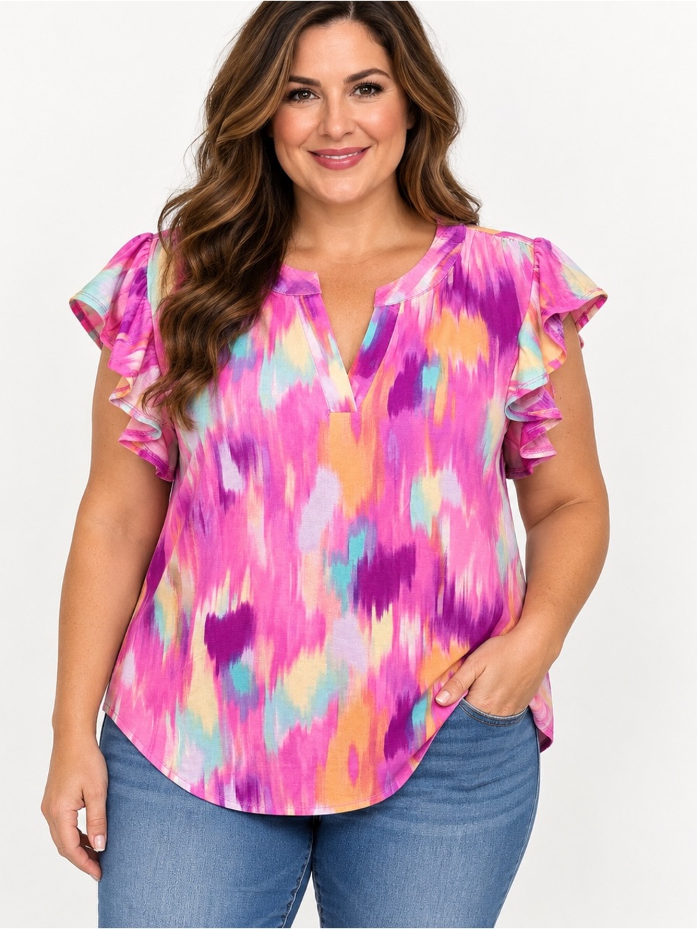 Dear Scarlett Ruffle Sleeve Blouse Women’s XL Pink Multicolor NWT